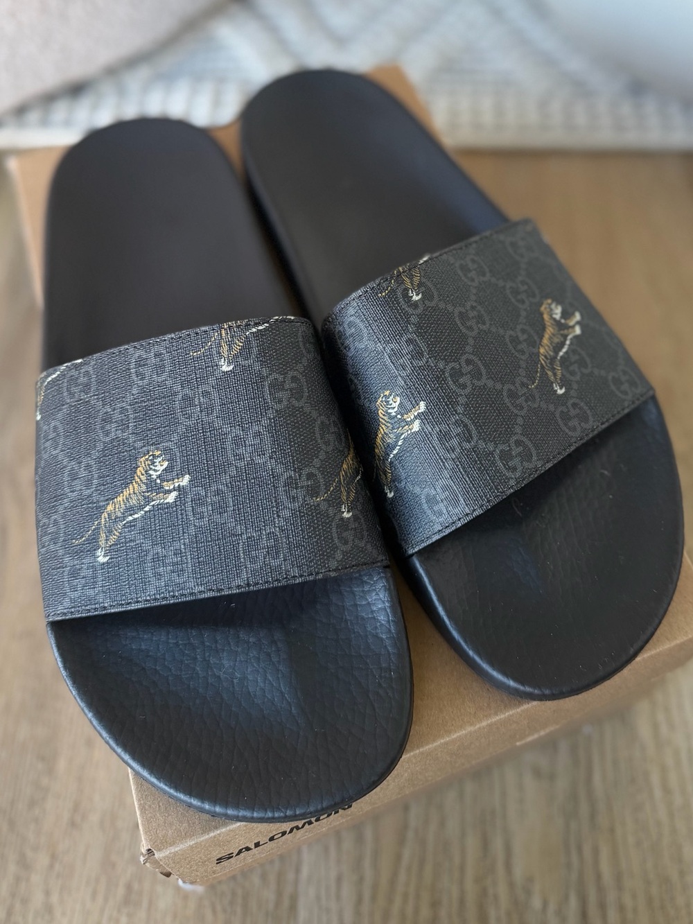 Black Gucci GG Supreme Tiger Slides